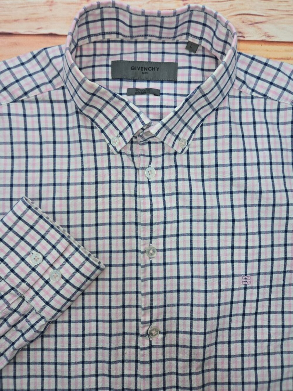Givenchy Mens Pink & Navy Checkered Button-Up Shirt Large * Modern Fit